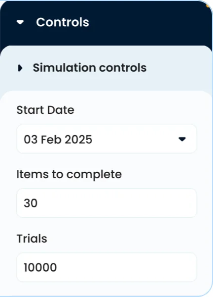 Simulation controls: Start Date, Items to complete and Trials