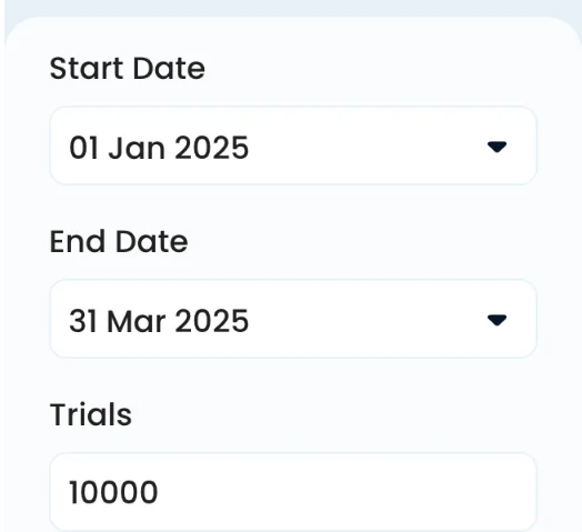 Start Date, End Date and Trials fields in the Monte Carlo: Number of Tasks simulation controls